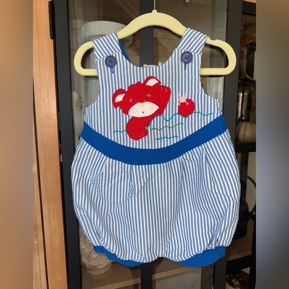 Vintage 90s teddy bear seersucker bubble romper applique embroidered baby boy